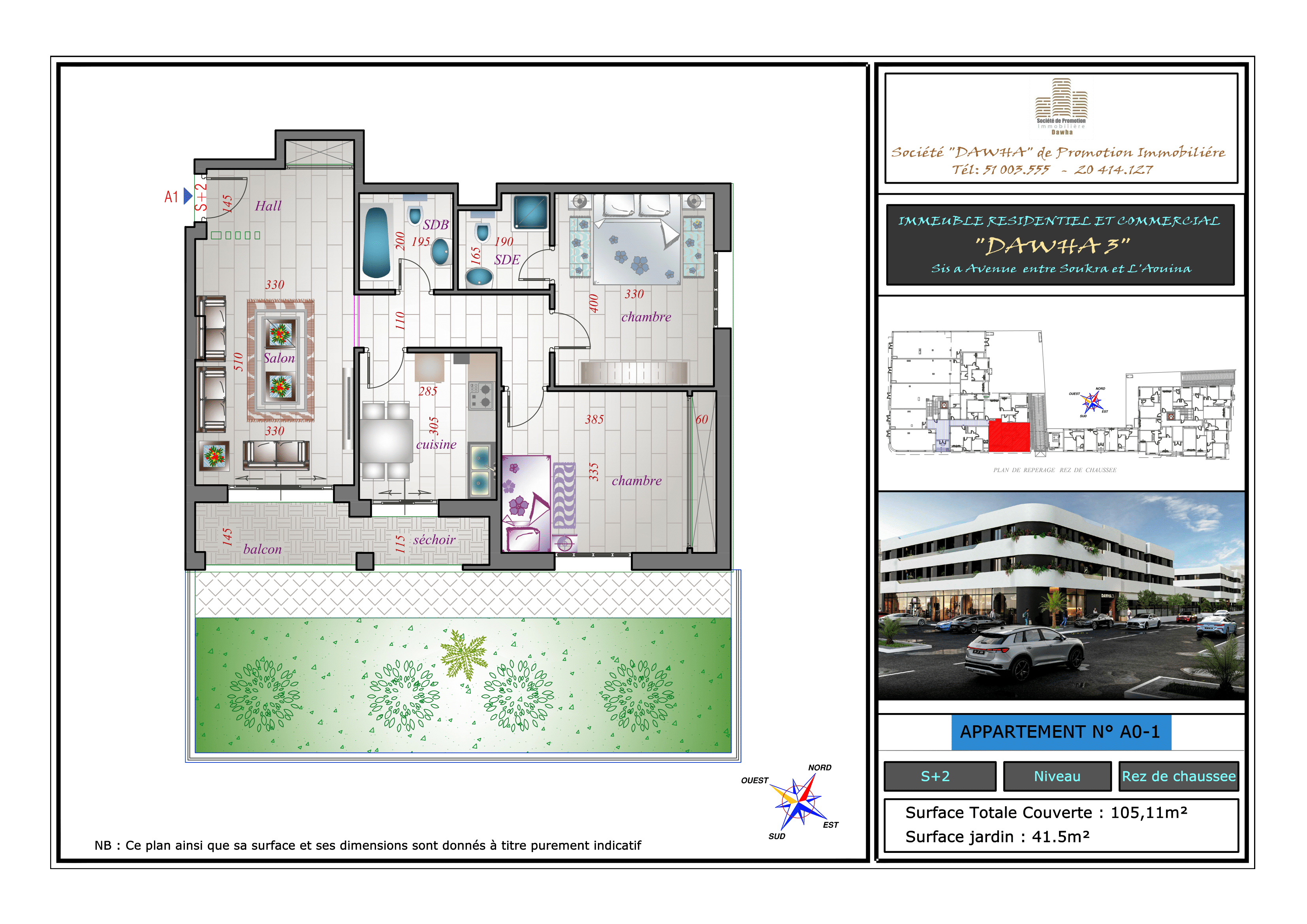 Appartement A0-1 /S+2 avec Jardin